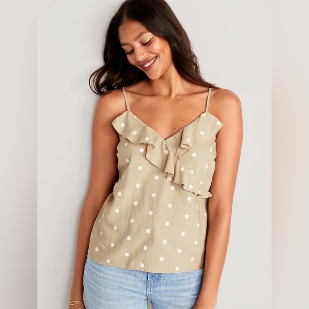 Old Navy Women's Printed Ruffled Wrap-Effect Cami Blouse-Tan & White-Size Large